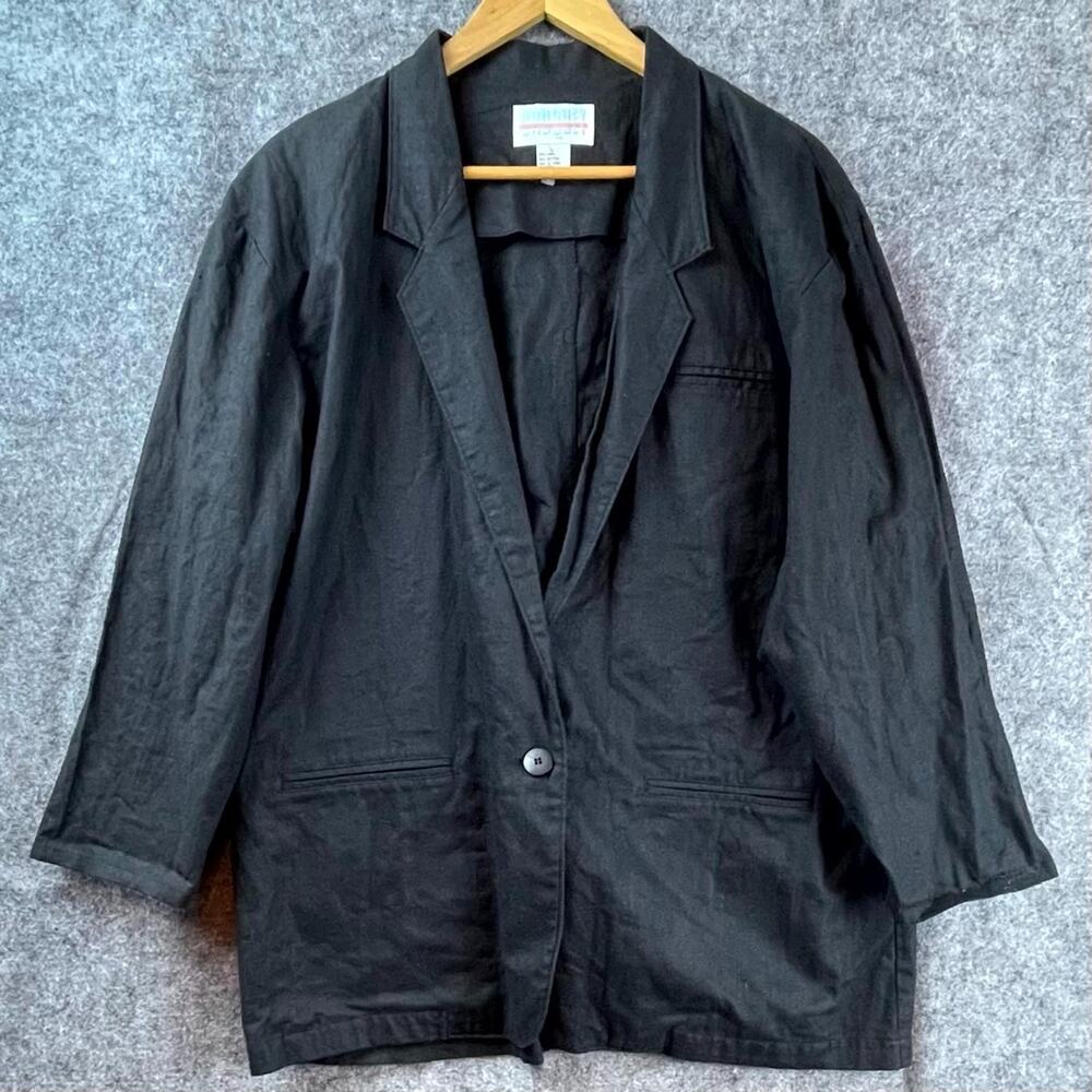 Vintage Croquet Club Linen Blazer Jacket Womens Large‎ Black Single Breasted
